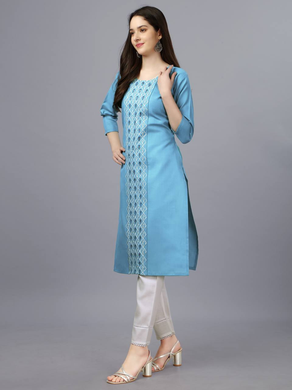 Sky Blue Color Fully Stiched Casual Embroidery Kurti