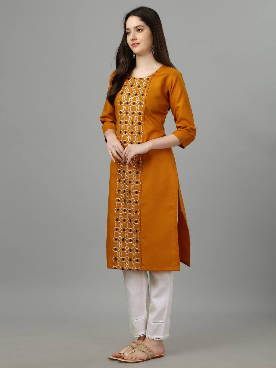 Mustard Blue Color Fully Stiched Casual Embroidery Kurti