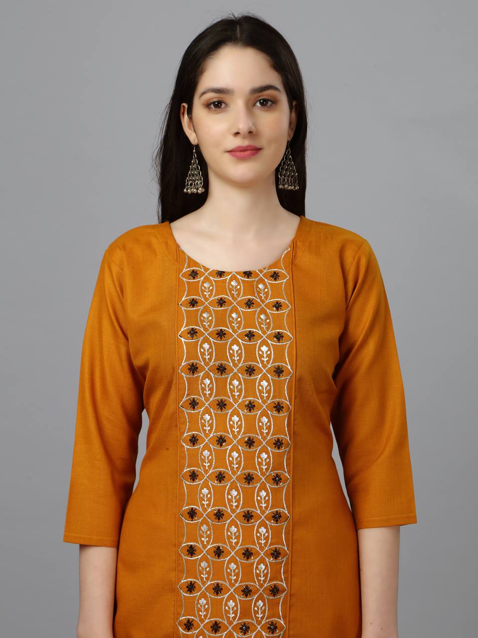 Mustard Blue Color Fully Stiched Casual Embroidery Kurti