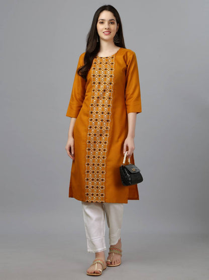 Mustard Blue Color Fully Stiched Casual Embroidery Kurti