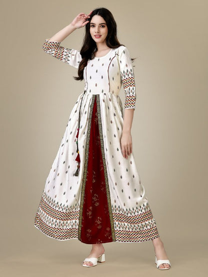 White Color Fully Stitched Rayon Anarkali Gown Kurti