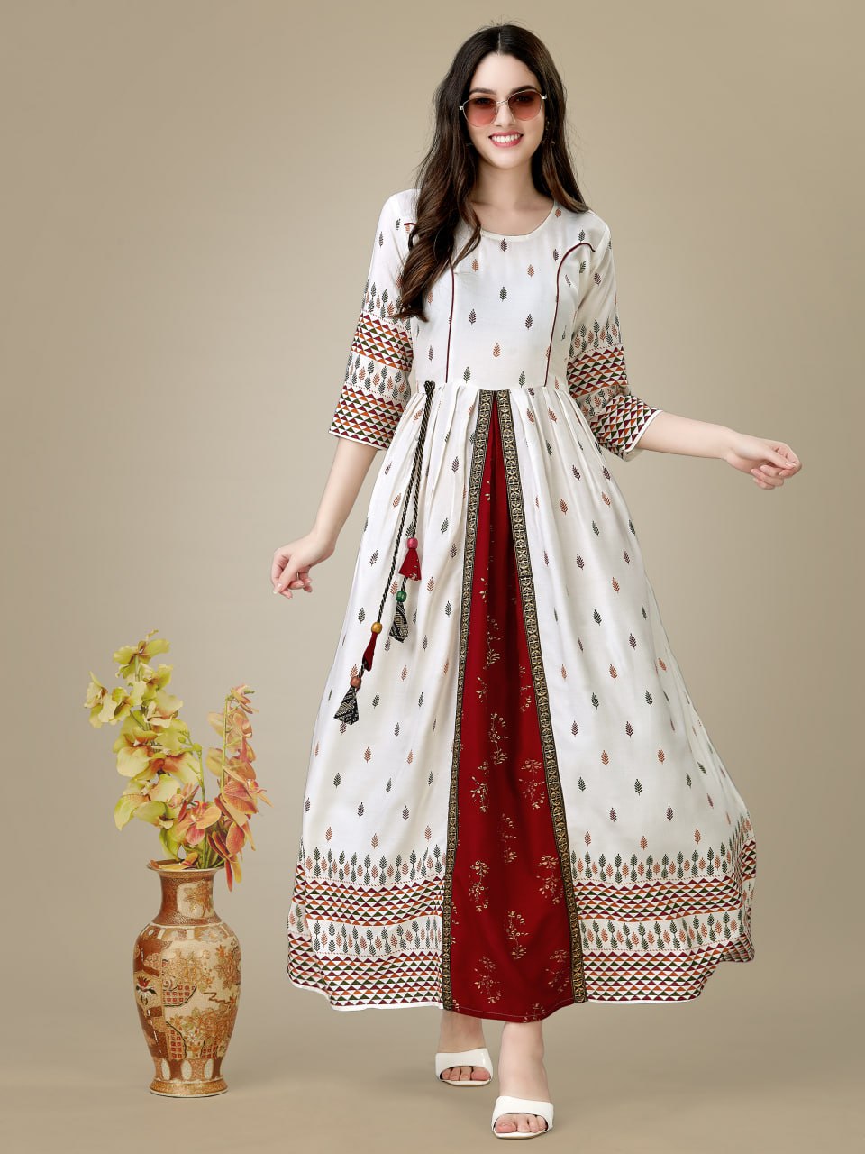 White Color Fully Stitched Rayon Anarkali Gown Kurti