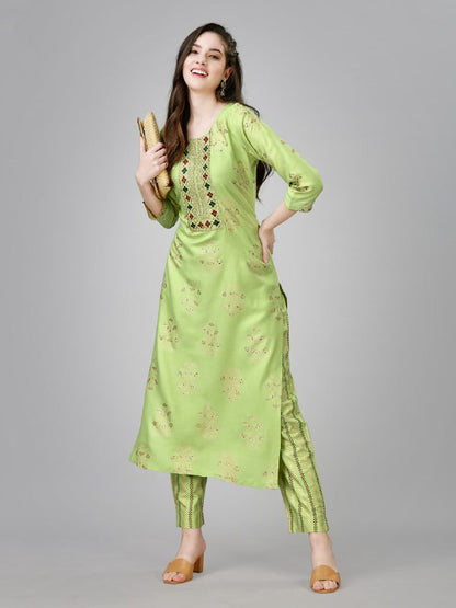 Parrot Color Fully Stiched Rayon Kurti and Pant