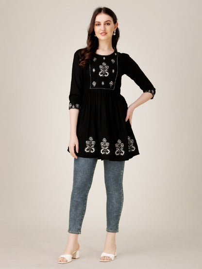 Black Color Fully Stiched Western Top Rayon with Embroidery and Sequence Work Kurti