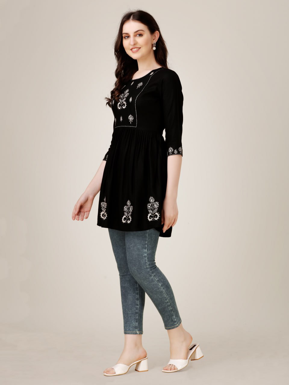 Black Color Fully Stiched Western Top Rayon with Embroidery and Sequence Work Kurti