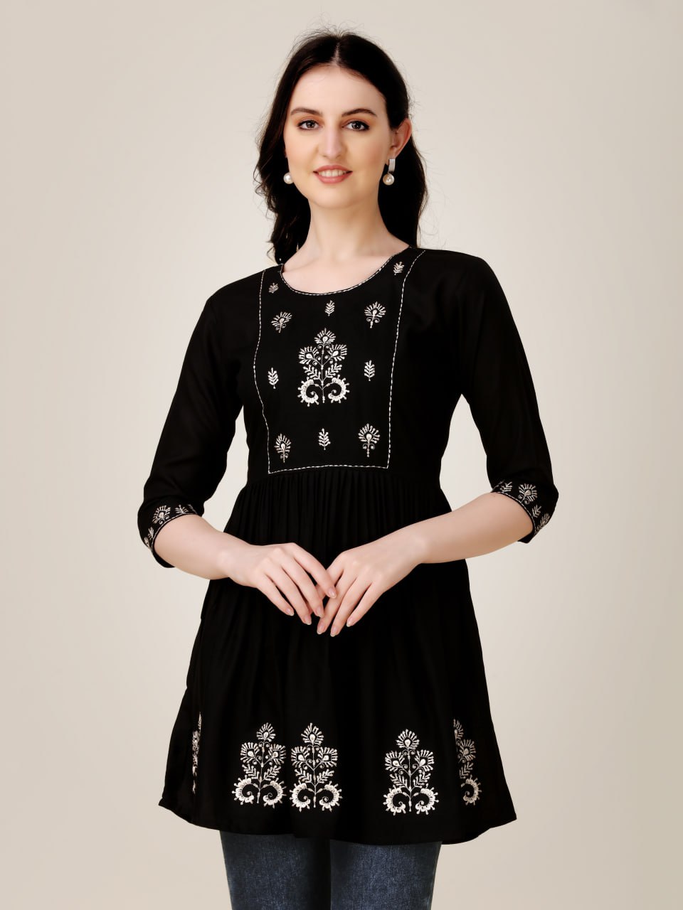 Black Color Fully Stiched Western Top Rayon with Embroidery and Sequence Work Kurti