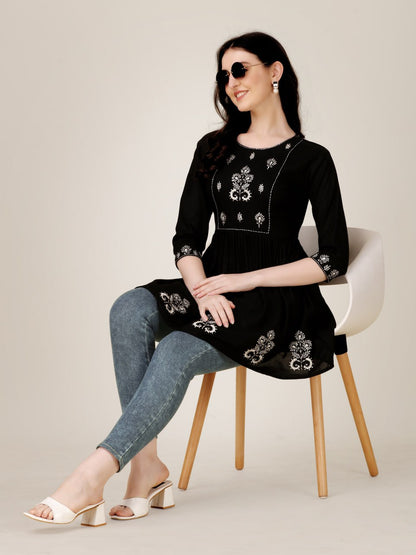 Black Color Fully Stiched Western Top Rayon with Embroidery and Sequence Work Kurti