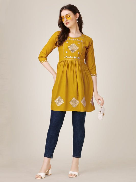 Mustard  Color Fully Stiched Western Top Rayon with Embroidery and Sequence Work Kurti