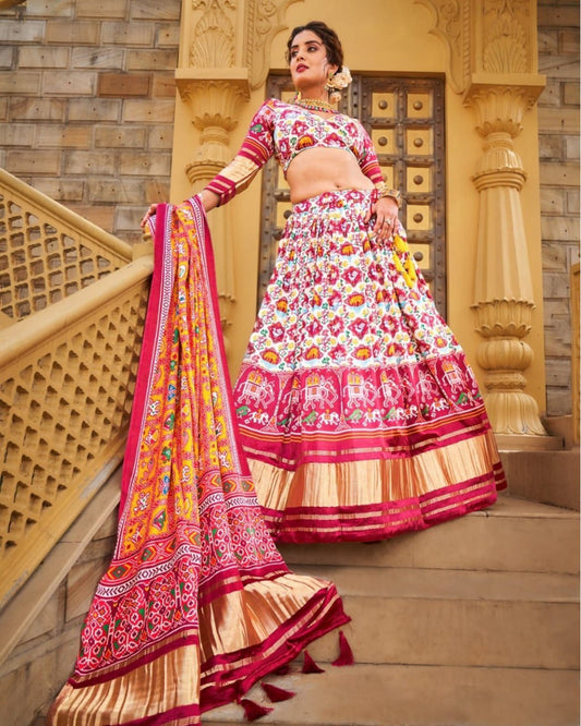 White Color Fancy Digital Print Work Soft Butter Silk Navaratri Lehenga Choli