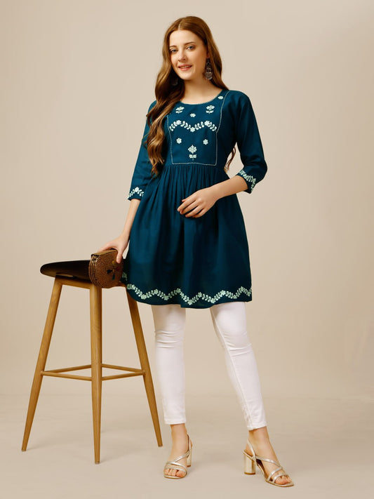 Blue Color Fully Stiched Western Top Rayon with Embroidery and Sequence Work Kurti