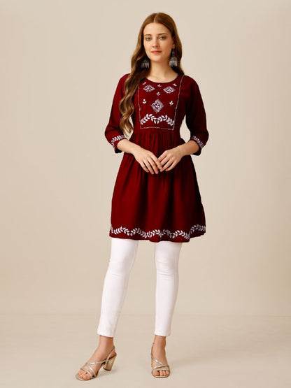 Maroon Color Fully Stiched Western Top Rayon with Embroidery and Sequence Work Kurti