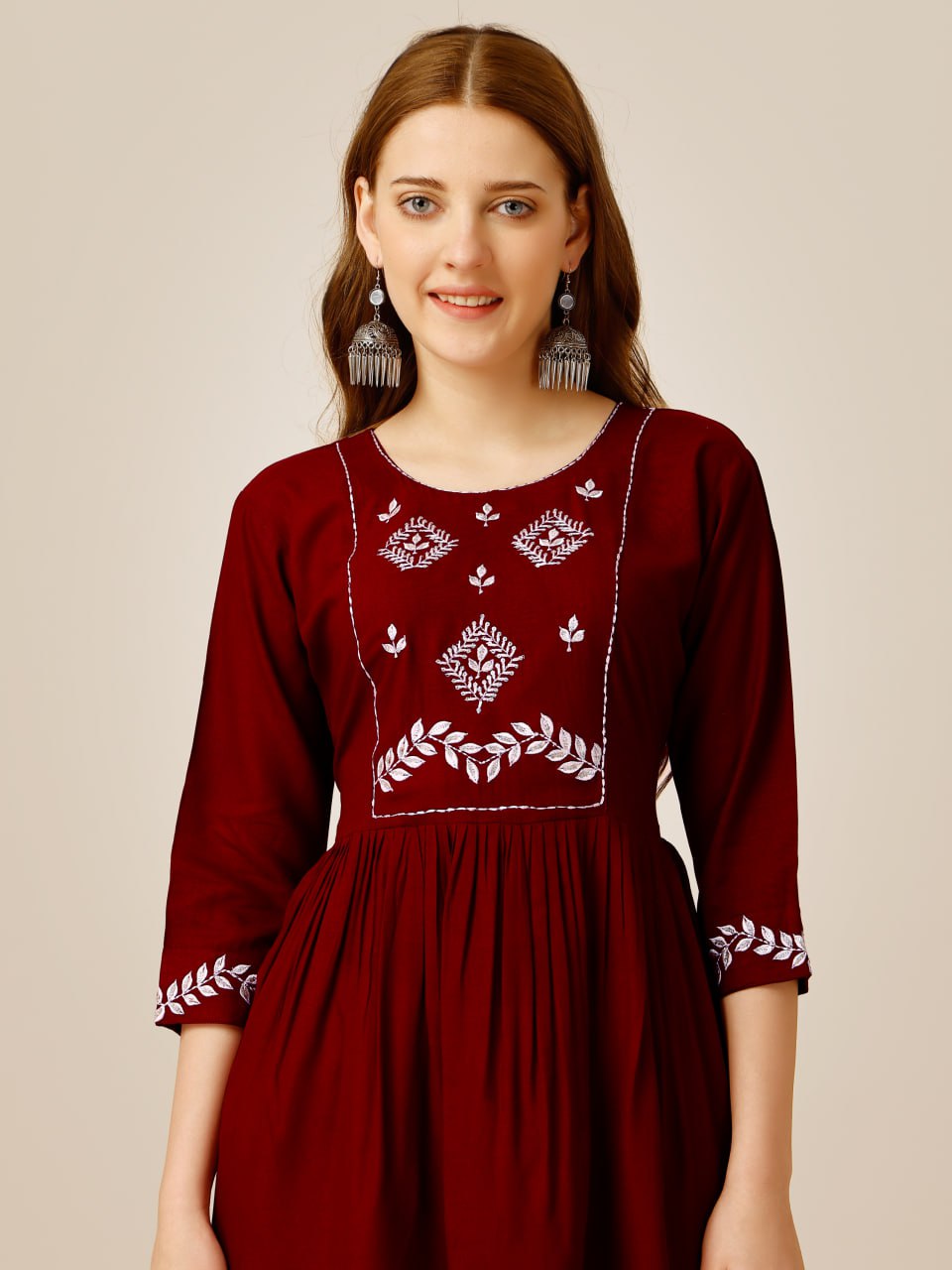 Maroon Color Fully Stiched Western Top Rayon with Embroidery and Sequence Work Kurti