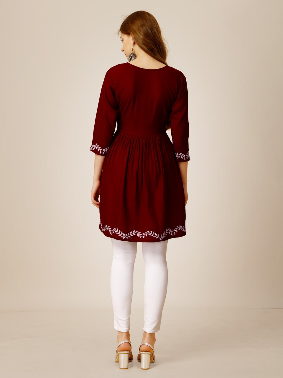 Maroon Color Fully Stiched Western Top Rayon with Embroidery and Sequence Work Kurti