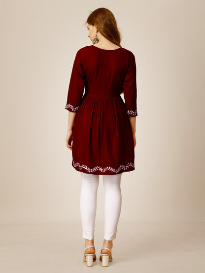 Maroon Color Fully Stiched Western Top Rayon with Embroidery and Sequence Work Kurti