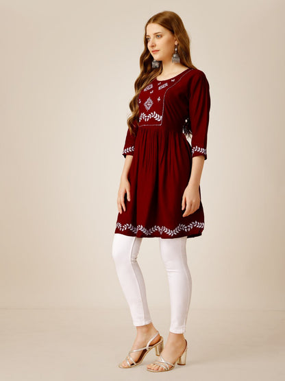 Maroon Color Fully Stiched Western Top Rayon with Embroidery and Sequence Work Kurti