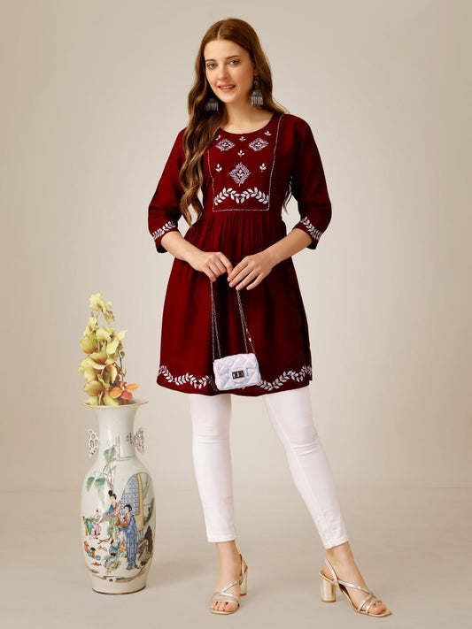 Maroon Color Fully Stiched Western Top Rayon with Embroidery and Sequence Work Kurti