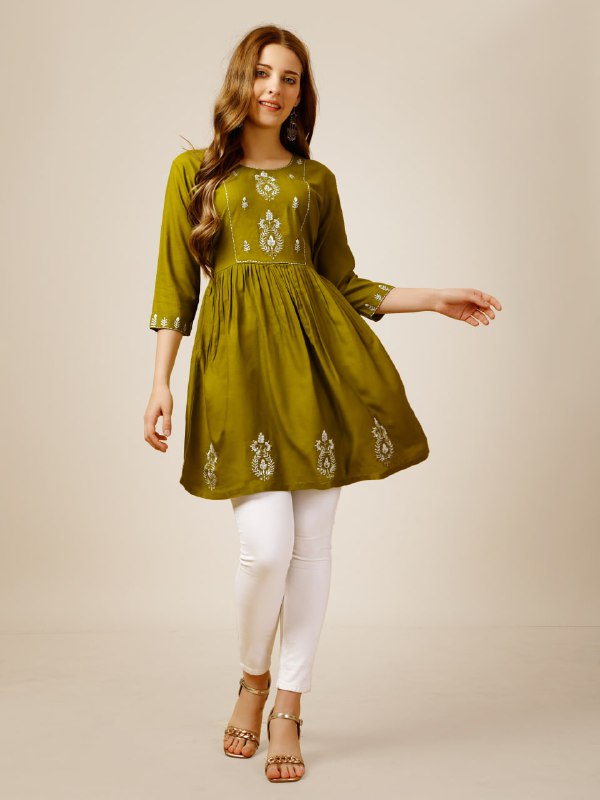 Mehendi Color Fully Stiched Western Top Rayon with Embroidery and Sequence Work Kurti