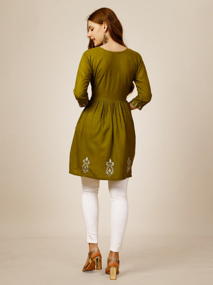 Mehendi Color Fully Stiched Western Top Rayon with Embroidery and Sequence Work Kurti