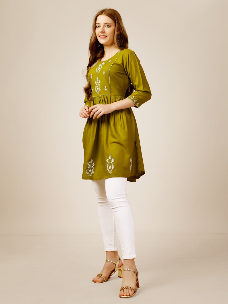 Mehendi Color Fully Stiched Western Top Rayon with Embroidery and Sequence Work Kurti