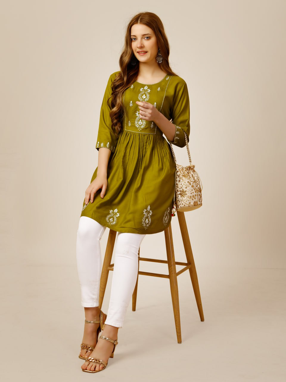 Mehendi Color Fully Stiched Western Top Rayon with Embroidery and Sequence Work Kurti