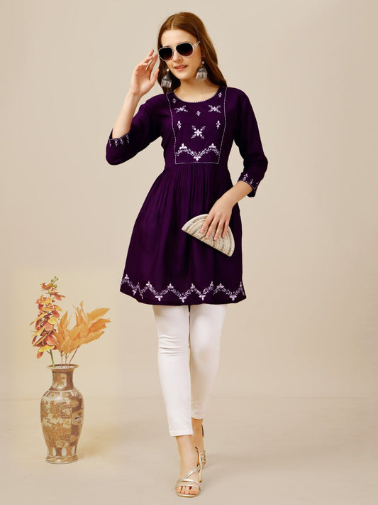 Purple Color Rayon with Embroidery and Sequence Work Kurti