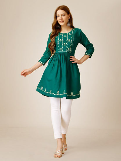 Rama Color Rayon with Embroidery and Sequence Work Kurti