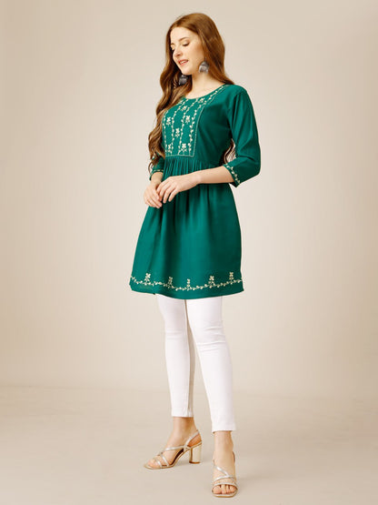 Rama Color Rayon with Embroidery and Sequence Work Kurti