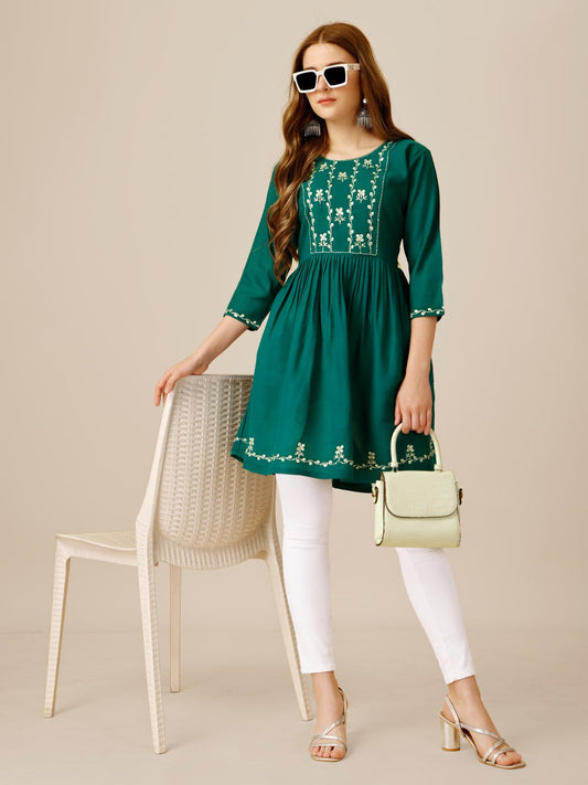 Rama Color Rayon with Embroidery and Sequence Work Kurti