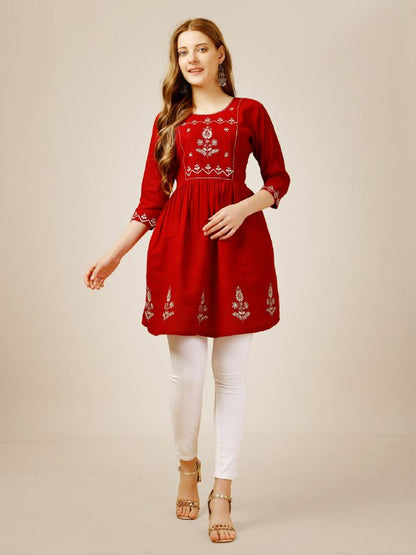 Red Color Rayon with Embroidery and Sequence Work Kurti