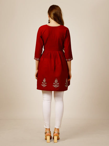 Red Color Rayon with Embroidery and Sequence Work Kurti