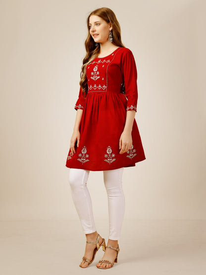 Red Color Rayon with Embroidery and Sequence Work Kurti