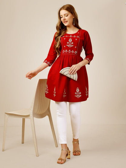 Red Color Rayon with Embroidery and Sequence Work Kurti