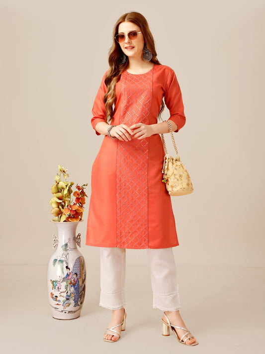 Coral Color Cotton Magic Slub with Embroidery & Sequence Work Kurti and Pant