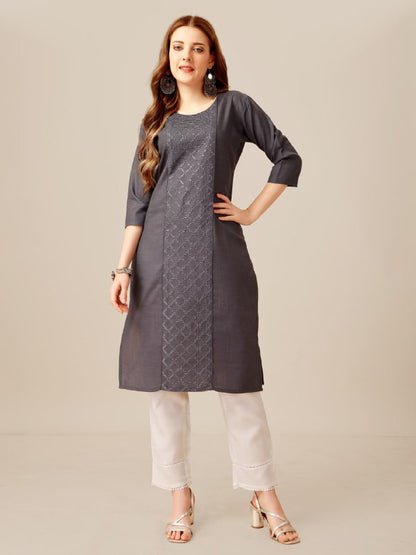 Grey Color Cotton Magic Slub with Embroidery & Sequence Work Kurti and Pant