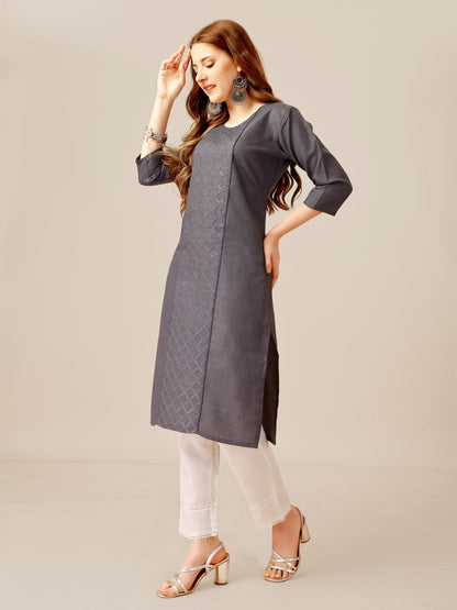 Grey Color Cotton Magic Slub with Embroidery & Sequence Work Kurti and Pant