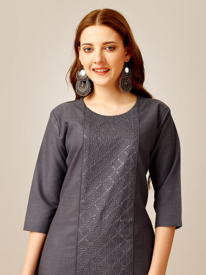 Grey Color Cotton Magic Slub with Embroidery & Sequence Work Kurti and Pant