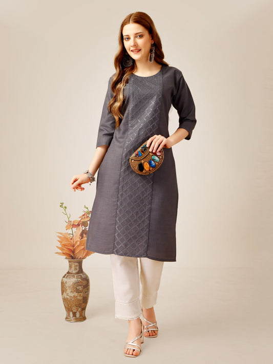 Grey Color Cotton Magic Slub with Embroidery & Sequence Work Kurti and Pant