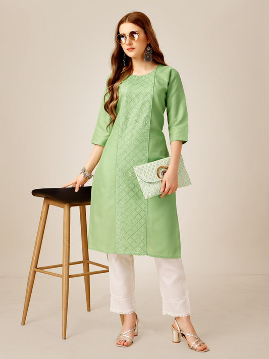 Lime Color Cotton Magic Slub with Embroidery & Sequence Work Kurti and Pant