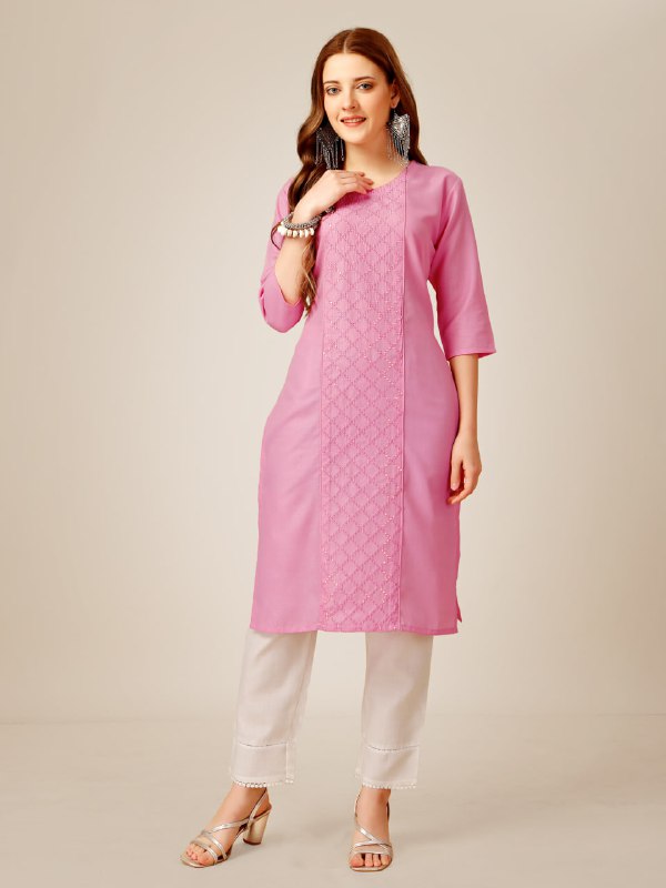 Pink Color Cotton Magic Slub with Embroidery & Sequence Work Kurti and Pant