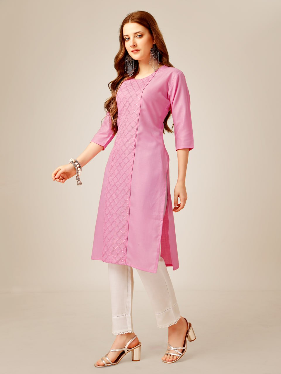 Pink Color Cotton Magic Slub with Embroidery & Sequence Work Kurti and Pant