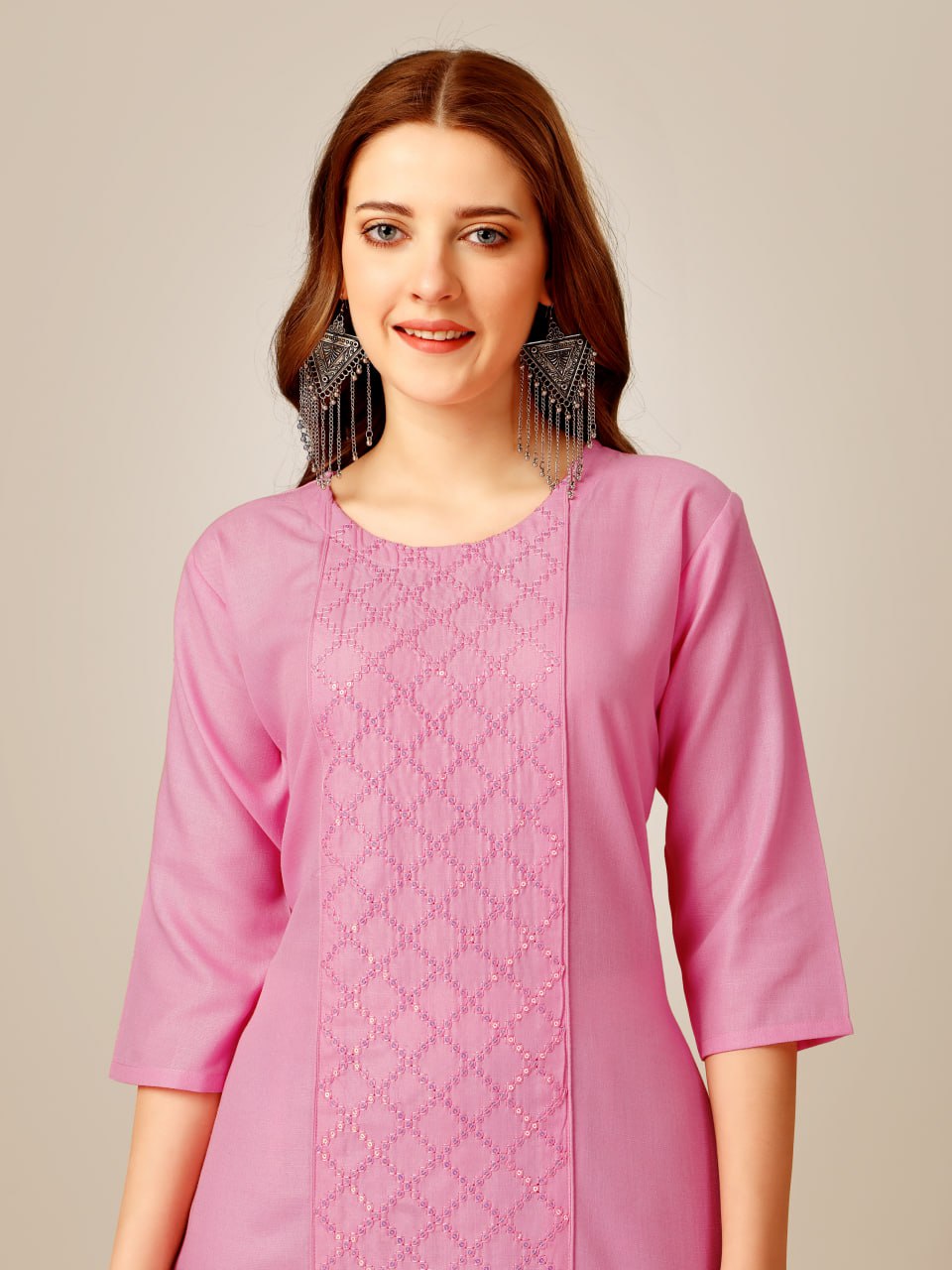 Pink Color Cotton Magic Slub with Embroidery & Sequence Work Kurti and Pant