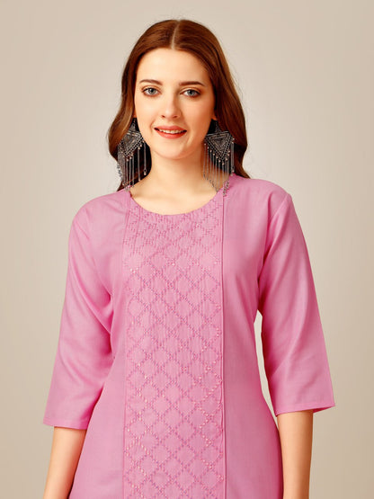 Pink Color Cotton Magic Slub with Embroidery & Sequence Work Kurti and Pant