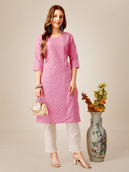 Pink Color Cotton Magic Slub with Embroidery & Sequence Work Kurti and Pant