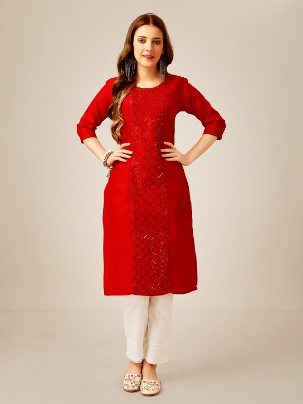 Red Color Cotton Magic Slub with Embroidery & Sequence Work Kurti and Pant