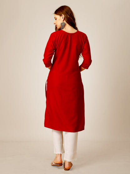 Red Color Cotton Magic Slub with Embroidery & Sequence Work Kurti and Pant