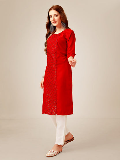 Red Color Cotton Magic Slub with Embroidery & Sequence Work Kurti and Pant