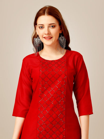 Red Color Cotton Magic Slub with Embroidery & Sequence Work Kurti and Pant