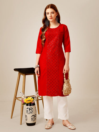 Red Color Cotton Magic Slub with Embroidery & Sequence Work Kurti and Pant