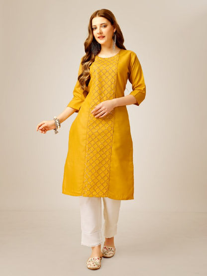 Yellow Color Cotton Magic Slub with Embroidery & Sequence Work Kurti and Pant