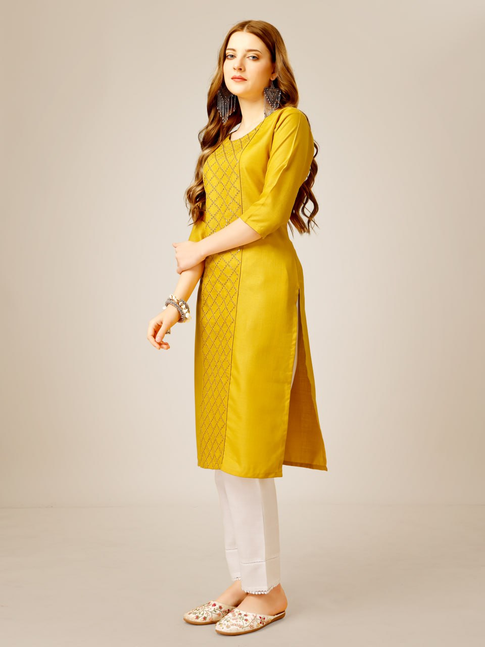 Yellow Color Cotton Magic Slub with Embroidery & Sequence Work Kurti and Pant